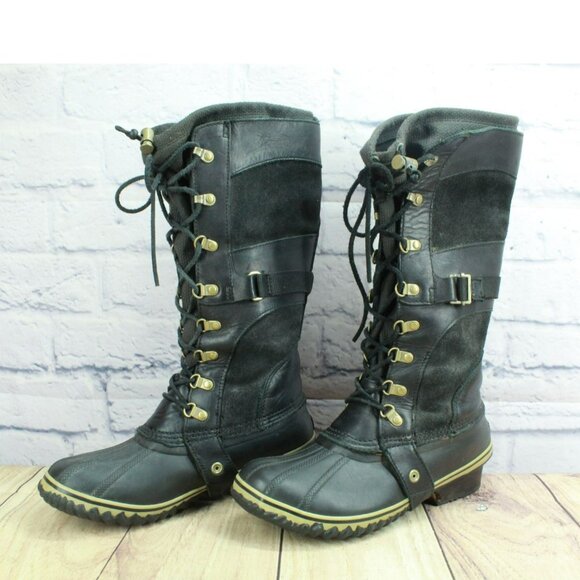 Sorel Conquest Carly Black Suede Lace Up Waterproof Tall Winter Boots Size 9.5 - Picture 2 of 10